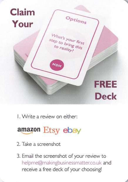 <b>Advert / upsell</b> Claim your free deck<br>Write a review on Amazon, Etsy or eBay, email a screenshot, get a free deck.